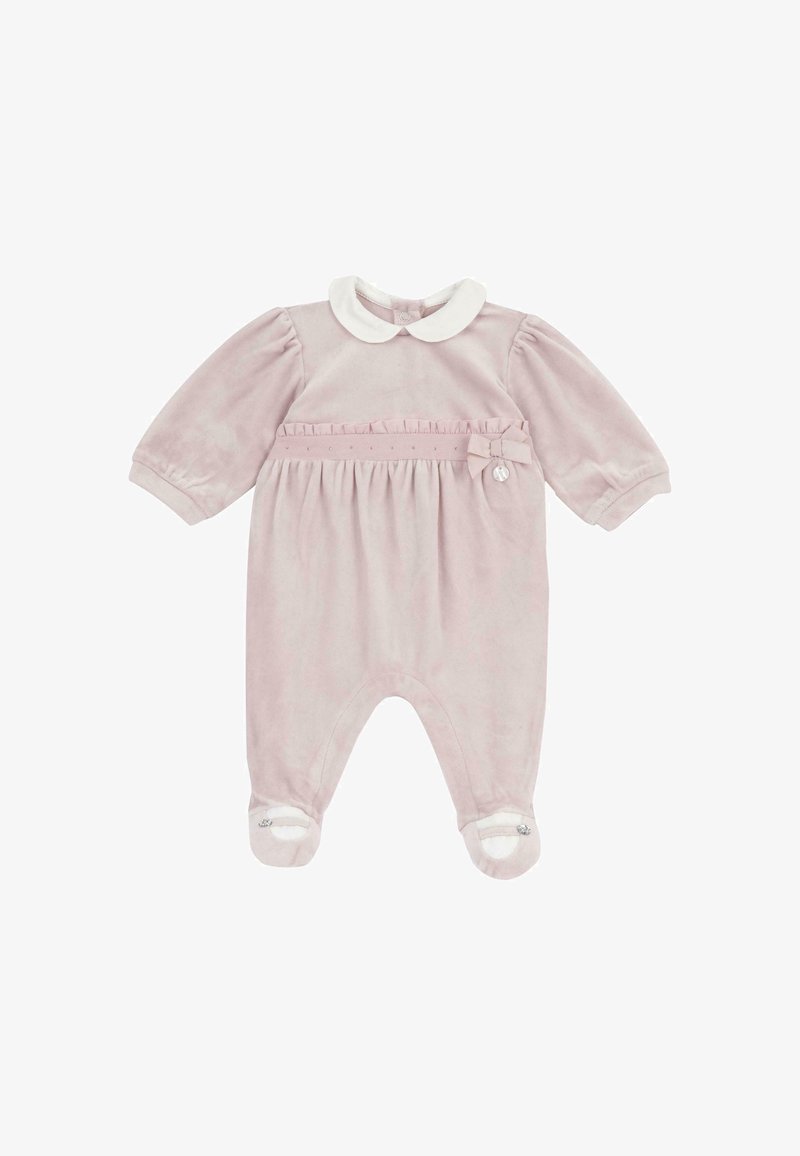 Grenouillère bébé rose pâle douce avec manches longues bouffantes, col Peter Pan blanc, nœud à la taille et pieds fermés avec petite broderie.