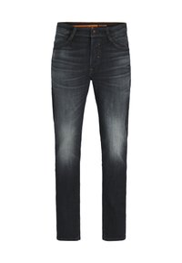 Temno modri jeans hlače ožje krojen, z rahlim beljenjem in kontrastnim šivanjem. Klasična zasnova s petimi žepi in gumbom za zapiranje.