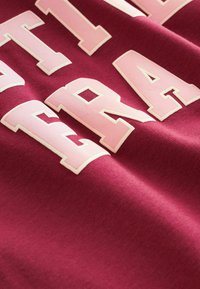 Maroon-kangas, jossa on suuria, kohotettuja valkoisia ja vaaleanpunaisia kirjaimia. Tekstuuri on sileä, hieman harjattu pinta.