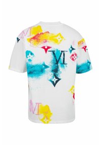 Witte katoenen T-shirt met een kleurrijk spuitverfontwerp in roze, geel, blauw en zwart, met een opvallende "VI" en logo-elementen.