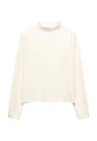 Crèmekleurige top met lange mouwen en een hoge halslijn, gemaakt van een zachte stof. Heeft een losse pasvorm en een rechte zoom. Geen zichtbare patronen.