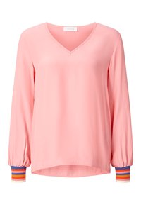 Blusa rosa a maniche lunghe con scollo a V. Presenta polsini elasticizzati con strisce multicolori. Realizzata in un tessuto leggero e morbido.