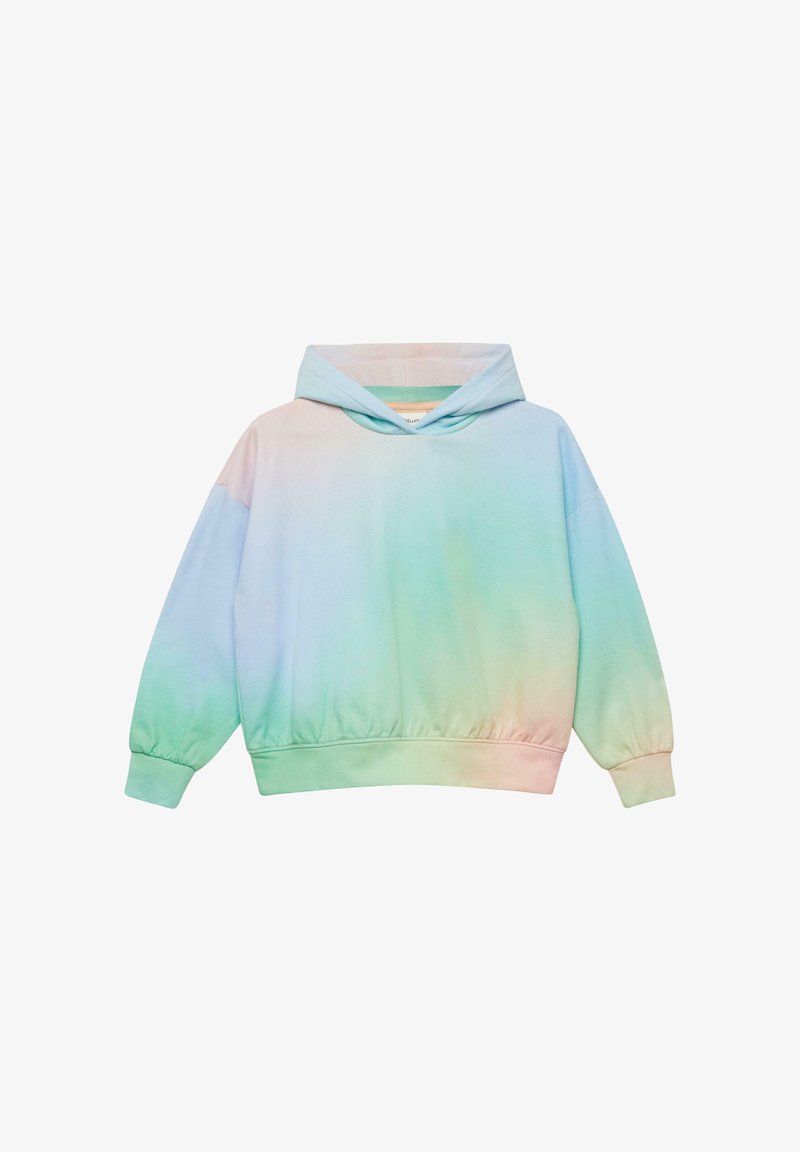 Sweat à capuche à dégradé pastel avec manches longues, poignets et taille élastiques, doté d'une capuche et de transitions douces de couleur du rose au bleu puis au vert.