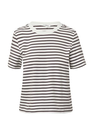 Koszulka z krótkim rękawem w paski z okrągłym dekoltem. Biały materiał z cienkimi ciemno-brązowymi paskami. Miękka tekstura, swobodny design.