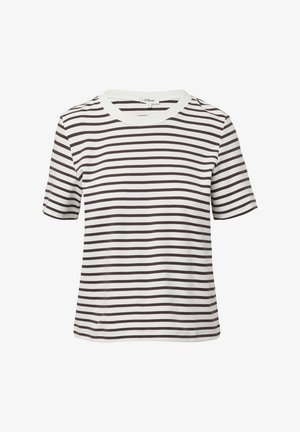 Koszulka z krótkim rękawem w paski z okrągłym dekoltem. Biały materiał z cienkimi ciemno-brązowymi paskami. Miękka tekstura, swobodny design.