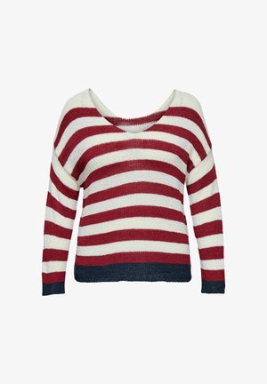 Sweter w paski z szerokim dekoltem w kształcie litery V, wykonany z lekkiej dzianiny. Posiada czerwone i białe poziome paski oraz granatowy akcent na końcu.