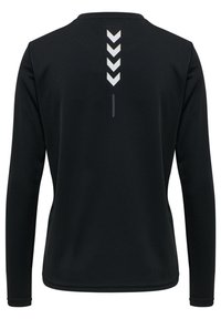 Schwarzes Langarmshirt aus glattem Stoff. Verfügt über einen runden Halsausschnitt und ein reflektierendes Chevron-Muster entlang des Rückens.