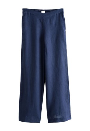 Pantalon bleu marine à jambes larges avec taille élastique et sans poches visibles, fabriqué en tissu léger, présenté à plat sur fond blanc.