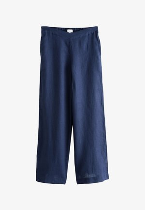 Pantalon bleu marine à jambes larges avec taille élastique et sans poches visibles, fabriqué en tissu léger, présenté à plat sur fond blanc.