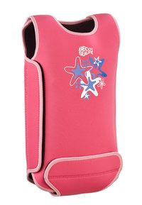 Gilet de bain en néoprène rose avec un motif d'étoile de mer en bleu et blanc, doté d'emmanchures arrondies et d'une bordure contrastante.