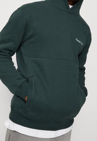 Haut à capuche vert foncé avec une poche frontale, pr�ésentant une coupe décontractée, des poignets côtelés et un petit logo blanc sur la poitrine. Texture douce.