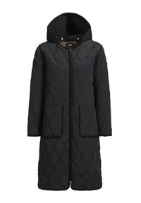 Cappotto trapuntato nero con cappuccio, dotato di chiusura con zip, due tasche frontali e motivo a diamante testurizzato su tutta la superficie. Maniche lunghe.