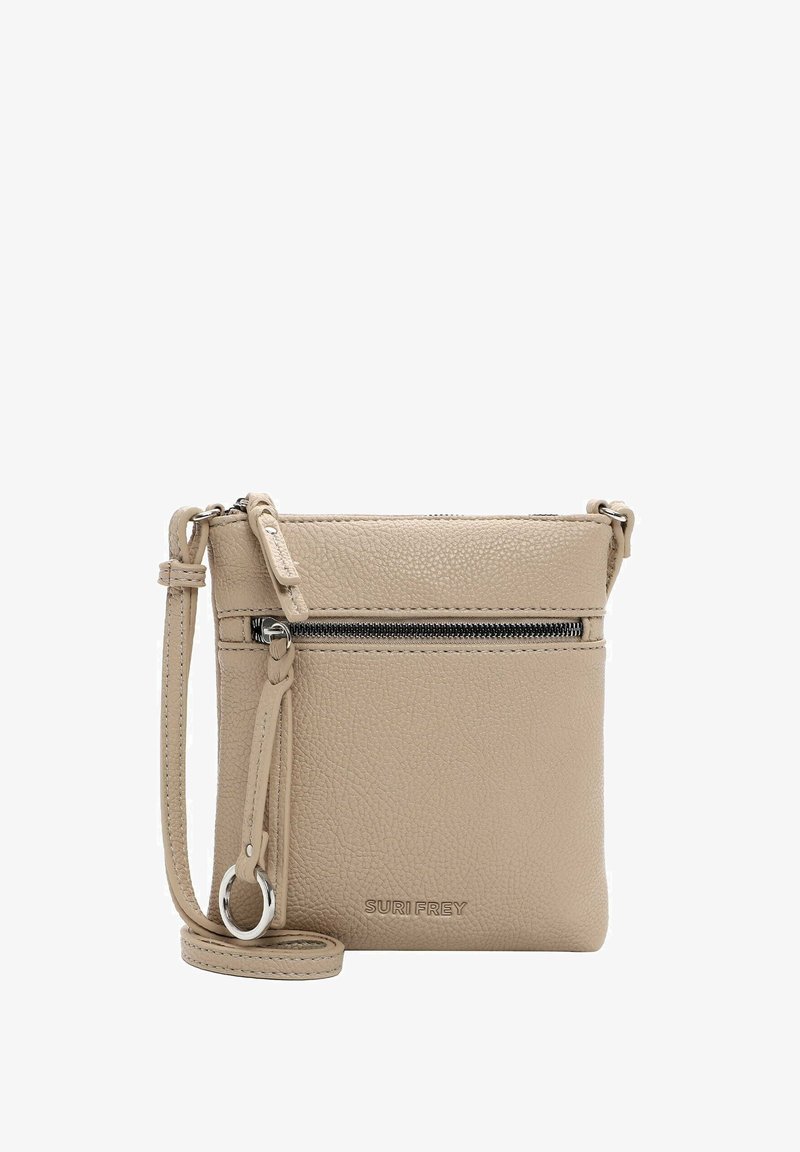 Borsa a tracolla in pelle beige con superficie testurizzata, tasca con zip frontale e tracolla regolabile. Dotata di un anello in metallo argentato per il fissaggio.