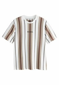 Camiseta de rayas con textura acanalada en blanco, marrón y negro, con la palabra "ROMA" en negro en el pecho. Cuello redondo.