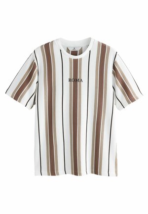 Gestreiftes T-Shirt mit gerippter Textur in Weiß, Braun und Schwarz, mit dem Wort "ROMA" in Schwarz auf der Brust. Rundhalsausschnitt.