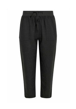 Sorte, korte bukser med elastisk taljebånd og snøre, der har forlommer og en afslappet pasform.