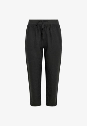 Czarne krótkie spodnie z elastycznym paskiem w talii i sznurkiem do regulacji, posiadające przednie naszywane kieszenie i luźny krój.