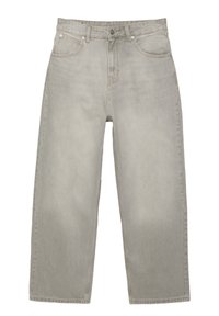 Jeans grigi chiaro dalla gamba dritta con tasche anteriori, passanti per cintura e chiusura con bottone e cerniera, distesi su uno sfondo bianco.