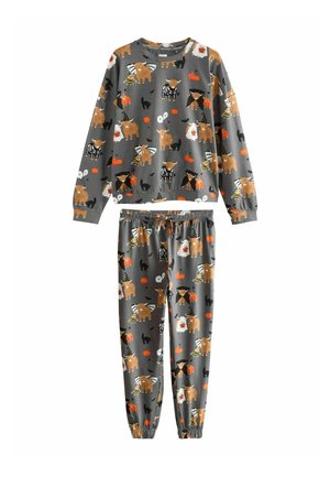 Grey pajama set featuring a long-sleeve top and pants. Both pieces have a playful pattern of animals, pumpkins, and ghosts. Cotton fabric.