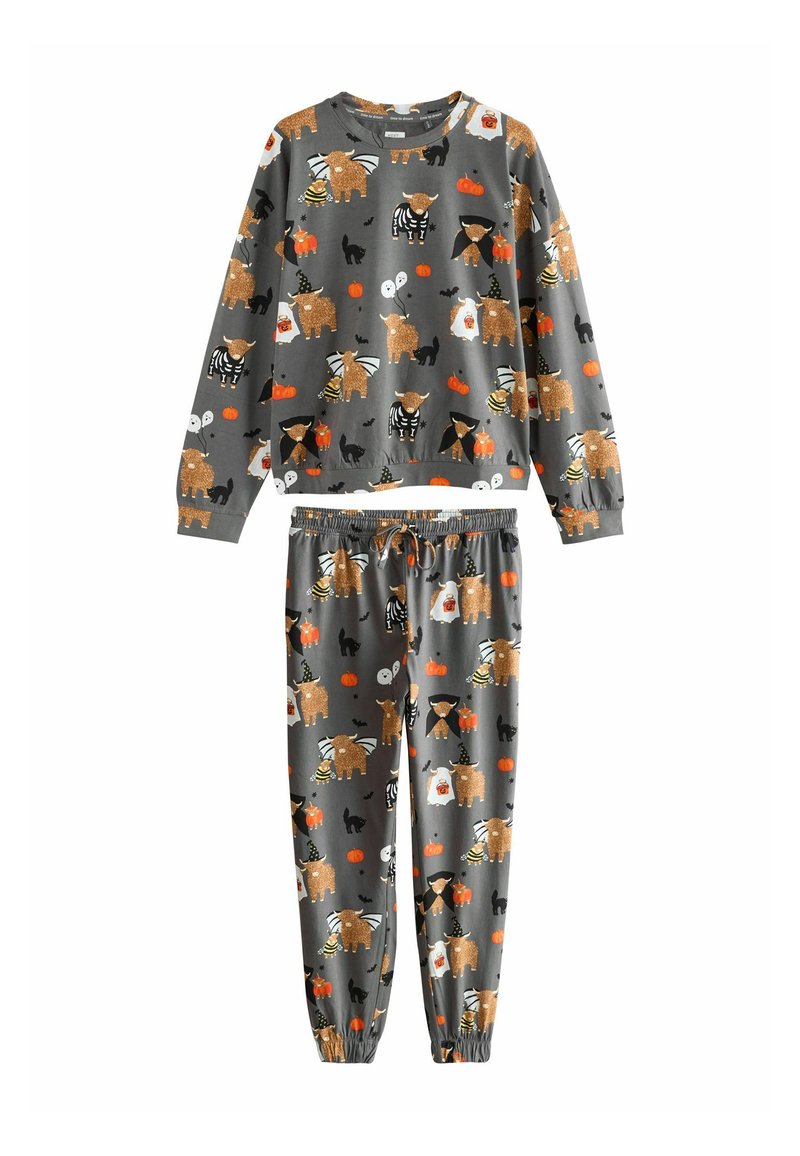 Ensemble de pyjama gris comprenant un haut à manches longues et un pantalon. Les deux pièces présentent un motif ludique d'animaux, de citrouilles et de fantômes. Tissu en coton.