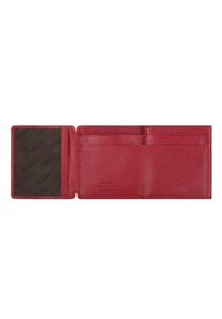 Portafoglio in pelle rossa con superficie texturizzata. All'interno presenta una tasca in tessuto nero e più scomparti per carte. Design rettangolare compatto.