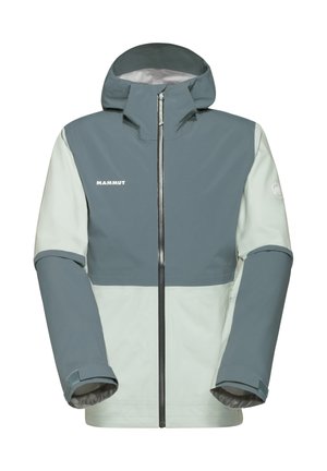 Heren waterdichte jas, grijs met lichtgroene kleurblokontwerp, verstelbare capuchon, ritsluiting, elastische manchetten, logo op de borst.