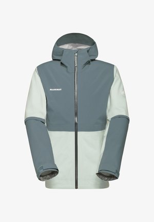 Męska wodoodporna kurtka, w szarym i jasnoszarym kolorze z blokiem kolorów, regulowany kaptur, zamek błyskawiczny, elastyczne mankiety, logo na klatce piersiowej.