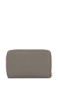 Portafoglio in pelle grigia con texture, finitura liscia, chiusura a zip e dettagli in metallo dorato. Forma rettangolare compatta per un'archiviazione sicura.