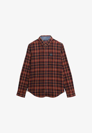 Camicia a maniche lunghe a quadri rossi e blu, con colletto button-down, caratterizzata da un logo sul petto e orlo curvo. Materiale in cotone, vestibilità regolare.