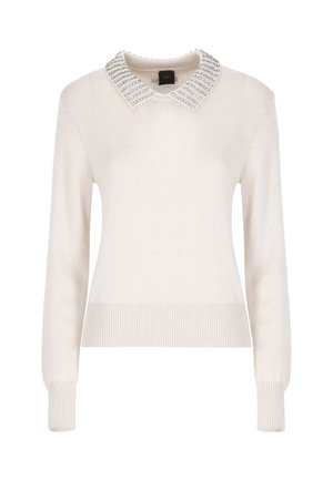 Maglione avorio con un design a maglia testurizzata, caratterizzato da un colletto decorato con perline. Le maniche lunghe e l'orlo e i polsini ribattuti aggiungono dettagli.