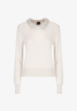 Maglione avorio con un design a maglia testurizzata, caratterizzato da un colletto decorato con perline. Le maniche lunghe e l'orlo e i polsini ribattuti aggiungono dettagli.