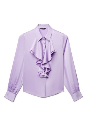 Satinbluse aus Lavendel mit langen Ärmeln, gerafften Vorderteil, Kragen, Knopfverschluss und gesammelten Manschetten.