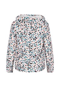 Hættejakke med et farverigt abstrakt mønster i pink, sort, teal og lilla. Lavet af letvægtsstof med lange ærmer.