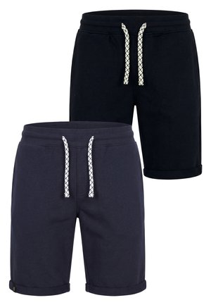 Zwei Paar legere Herren-Shorts mit Kordelzug in Dunkelblau und Schwarz, beide mit umgeschlagenen Säumen und weißen, gemusterten Kordeln.