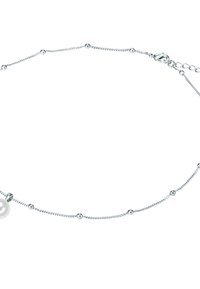 Zilveren ketting met een centrale ronde parel, afgewisseld met kleine bolvormige kraaltjes. Gladde textuur met een delicaat ontwerp.