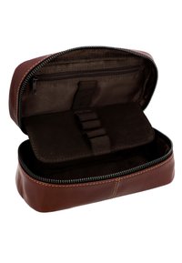 Brown leather zippered pouch with a soft texture, interior compartments, and a chocolate fabric lining. Features a small pocket and elastic straps.