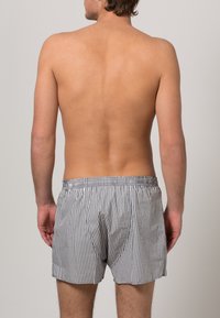 Boxer a righe realizzati in tessuto leggero; presentano un elastico in vita, una vestibilità ampia e righe verticali blu e bianche.