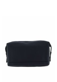 Trousse de maquillage en cuir noir avec une finition texturée, forme rectangulaire plate, fermeture éclair et poignées latérales pour un transport facile.