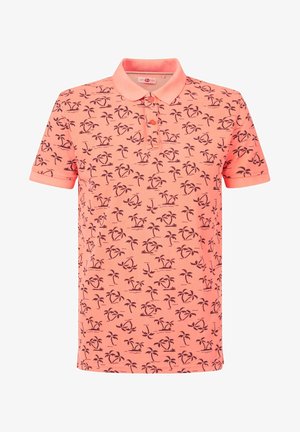 Rosa Poloshirt mit Kragen und kurzen Ärmeln, ausgestattet mit einem wiederholten Muster von Palmen und Strand in Dunkelbraun.