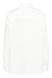 Λευκό μακρυμάνικο πουκάμισο από λείο ύφασμα, με γιακά και μανσέτες με κουμπιά, σε καθαρό, μινιμαλιστικό σχέδιο.