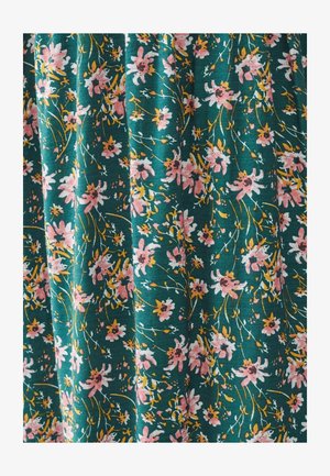 Lillelise kangas, millel on teal 'sinine-roheline' taust ja roosa ning kollane lillemuster. Materjal näeb välja tekstuuriga ja voolavate mustritega.