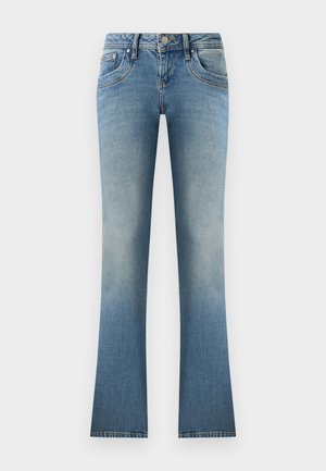 Ljusblå utsvängda jeans i denim. Har en urtvättad look, fem fickor och en knappstängning med bälteloopar i midjan.