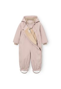 Roosa isoleeritud laste snowsuit esimeetriga, kapuutsiga ja elastsete mansetiga. Omab pehmet sisemist voodrit ja jalasekke turvaliseks sobivuseks.