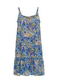 Blumen Kleid mit blauen, grünen und rosa Mustern, leichtem Stoff, Spaghettiträgern und einem Rüschensaum am unteren Rand.