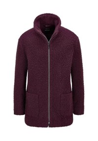 Burgunderfarbene Fleecejacke mit hohem Kragen, Reißverschluss vorne und zwei Fronttaschen. Strukturiert mit einem weichen, gemütlichen Erscheinungsbild.