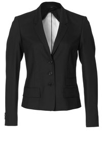 Černý na míru šitý blazer vyrobený ze strukturované látky. Má klopu s vroubky, tři přední knoflíky a dvě přední kapsy. Hladká podšívka.