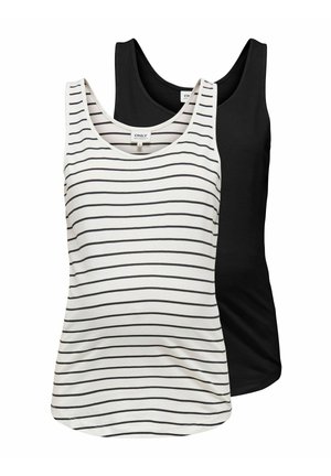 Deux débardeurs sans manches, l'un blanc avec des rayures horizontales noires et l'autre entièrement noir, superposés sur un fond blanc.