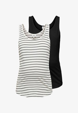 Dvě tílka bez rukávů, jedno bílé s černými vodorovnými pruhy a jedno zcela černé, položená přes sebe na bílém pozadí.
