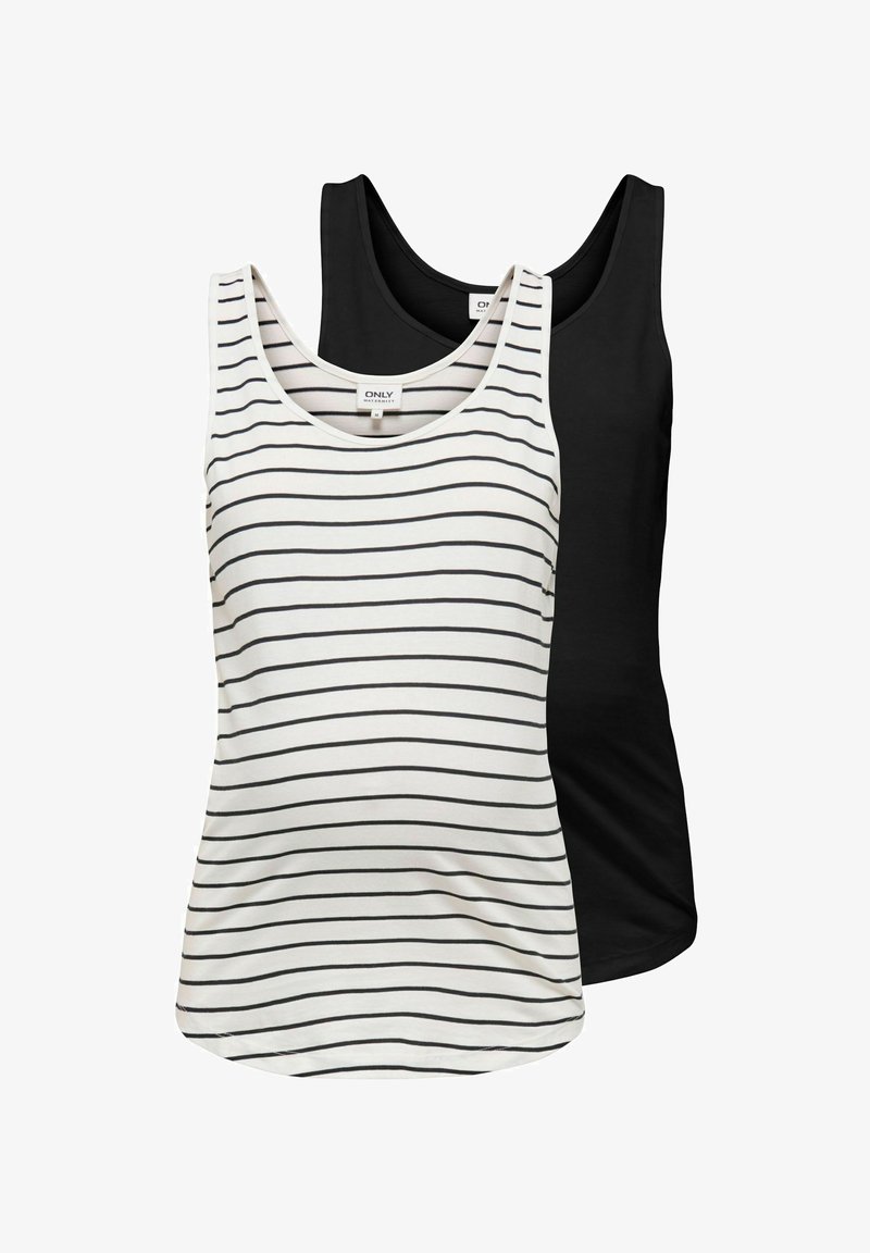 Deux débardeurs sans manches, l'un blanc avec des rayures horizontales noires et l'autre entièrement noir, superposés sur un fond blanc.