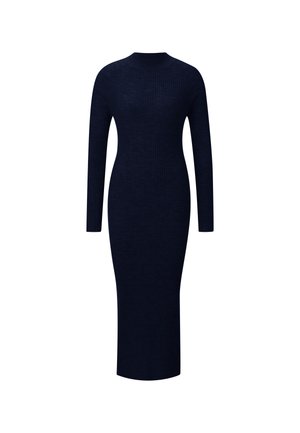 Pikkade varrukatega tume navy sinine soonikkangas kleit, millel on kõrge kaelus ja kehaesemele sobiv siluett, mis ulatub kuni pooleni sääre.